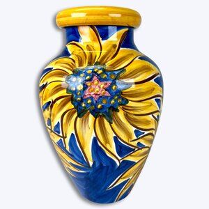 Vtg Large Sunflower Vase Portugal Pottery Mediterranean Tuscan Hand Painted Blue